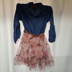 Chic Denim and Floral Pink Dress for Kids